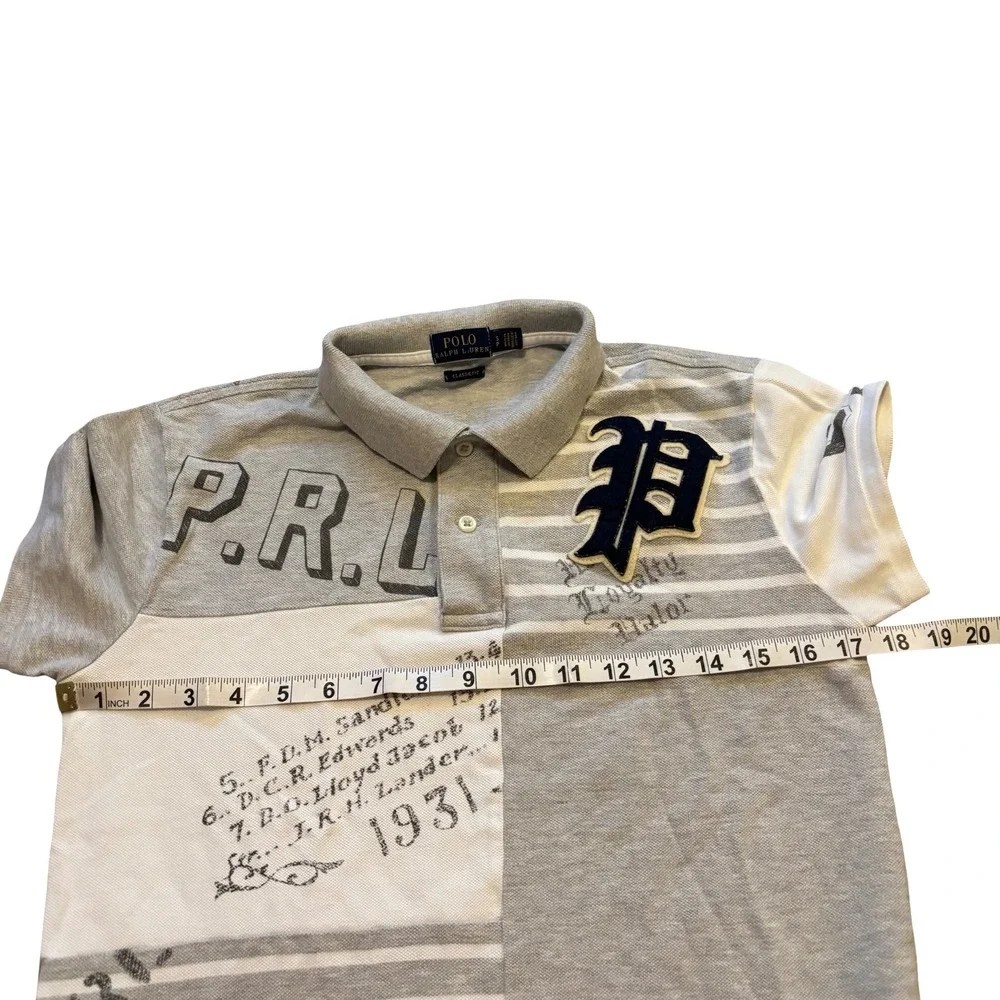 Polo Ralph Lauren Mens Grey Patchwork Graphic Varsity Polo Shirt Small Classic